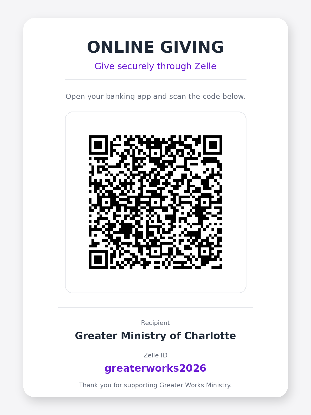Scannable Zelle giving QR code for Greater Works Ministry